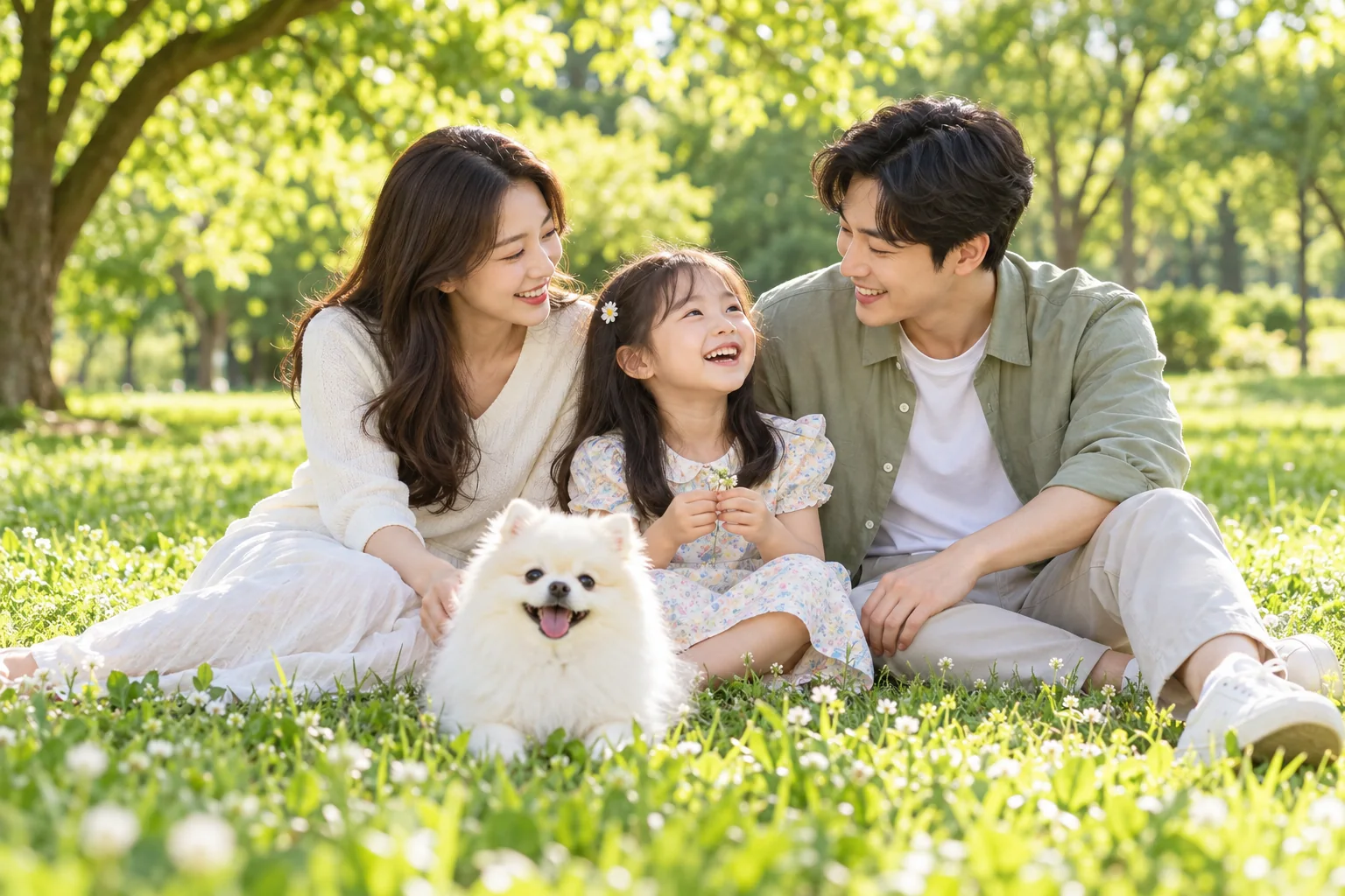 햇살 비치는 공원 잔디에서 딸과 함께 웃는 부부와 하얀 포메라니안의 연출 이미지