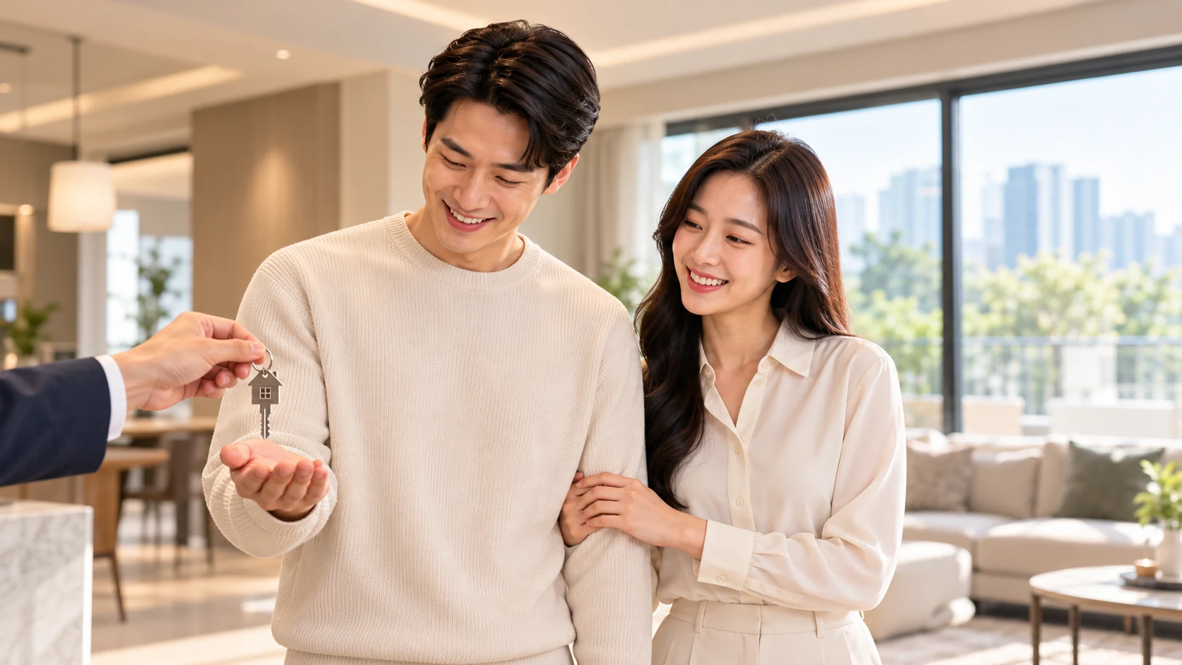 단정한 복장의 부부가 주택 열쇠를 전달받는 전세 선택 안내용 연출 이미지